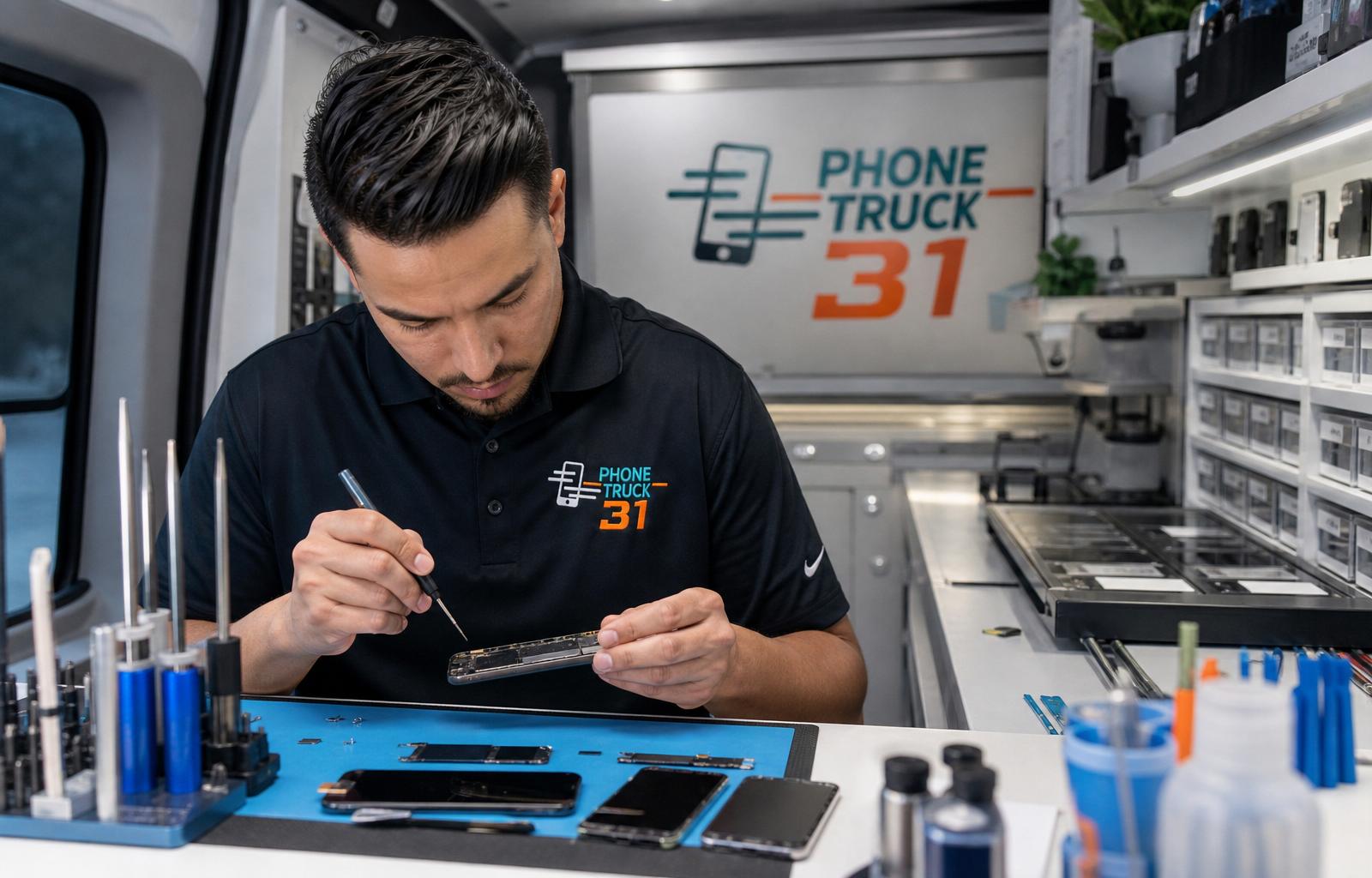Intérieur du camion-atelier Phone Truck 31, équipé pour la réparation de smartphones